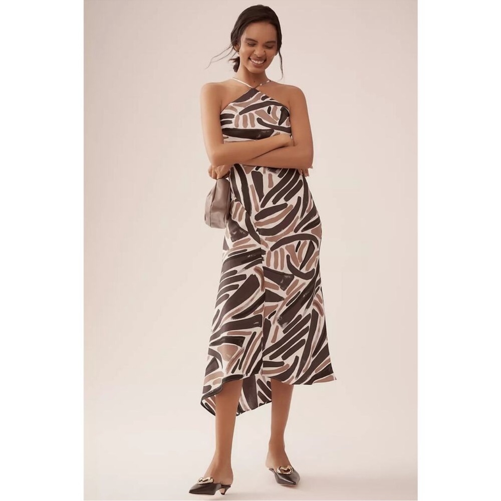 by anthropologie halter slip midi dress | Dresses | New Anthropologie Large Petite Brown Asymmetrical Flare Dress